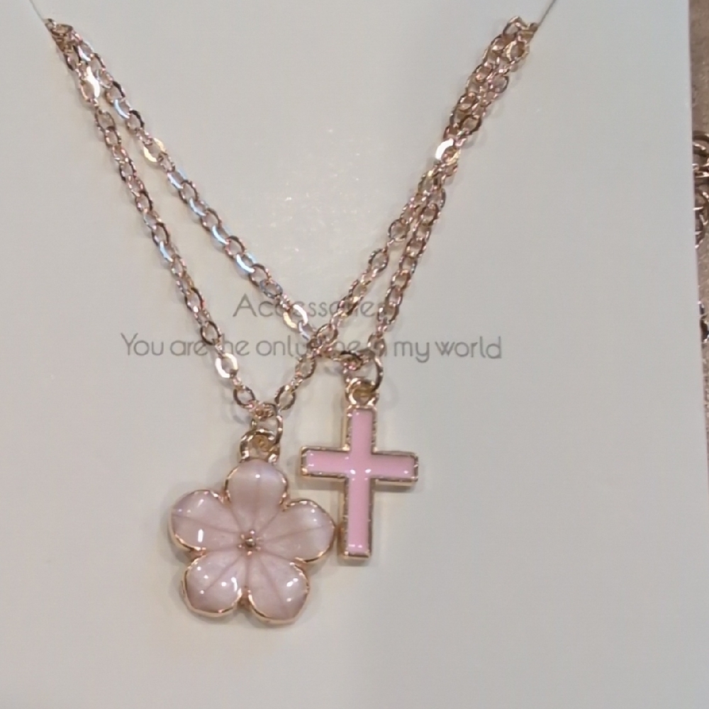 Pink Flower and Cross Pendant Necklace Set